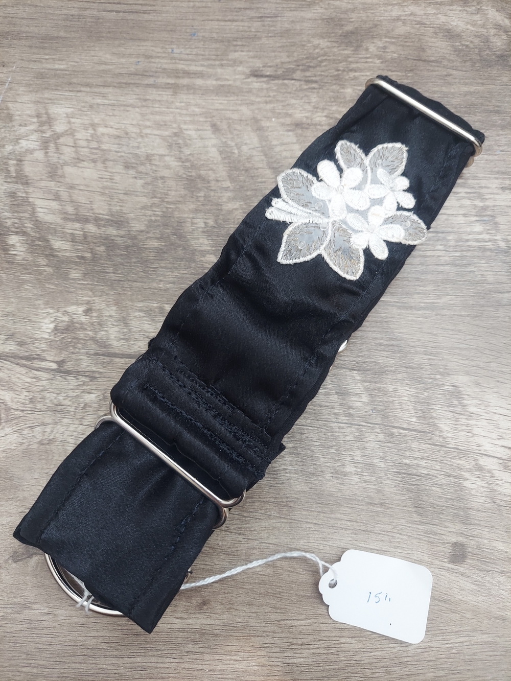 Custom Martingale Dog Collar 2" Black Satin Embroidered Lace Floral Beaded 15"